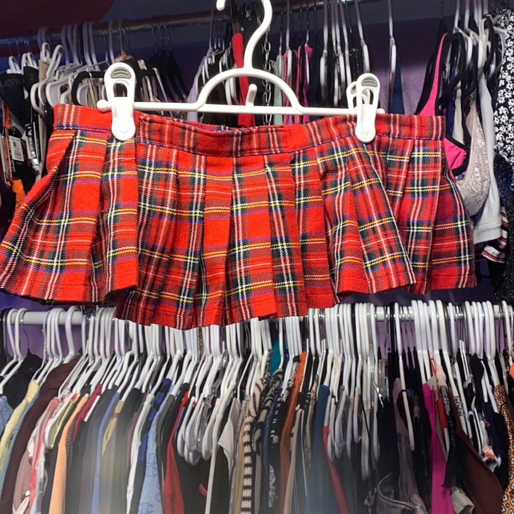 Ladies used Super Sexy Adult industry mini plaid red tartan skirt Velcrow sz S-M